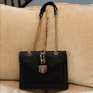 Badgley Mischka Black Quilted Shoulder Bag with Gold Chain
